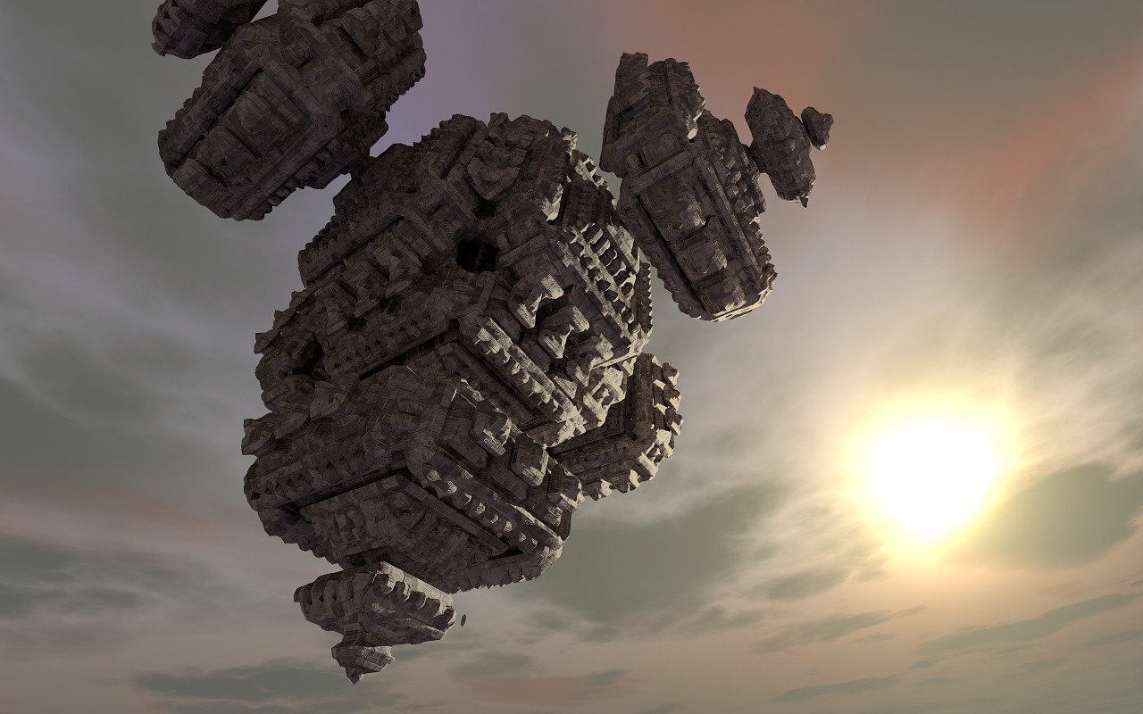 a computer generated image of a spaceship flying in the sky, a 3D render, digital art, ancient biomechanical temple, mandelbot fractal, sun setting, greeble detail