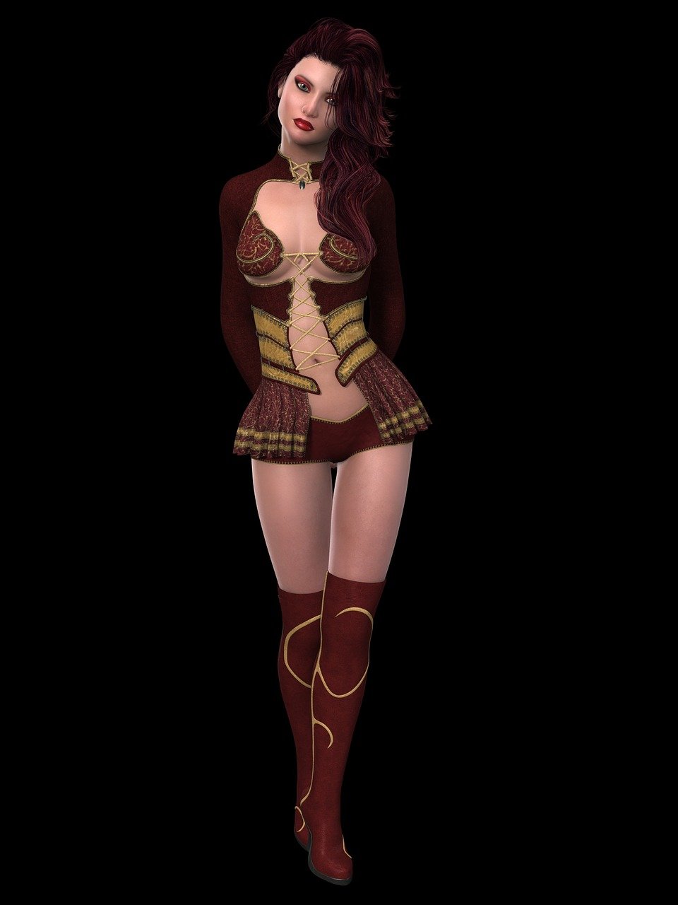 a woman in a corset is posing for a picture, a 3D render, inspired by Elmyr de Hory, cg society contest winner, brown red and gold ”, leotard and leg warmers, hippie, ( ( ( ( 3 d render ) ) ) )