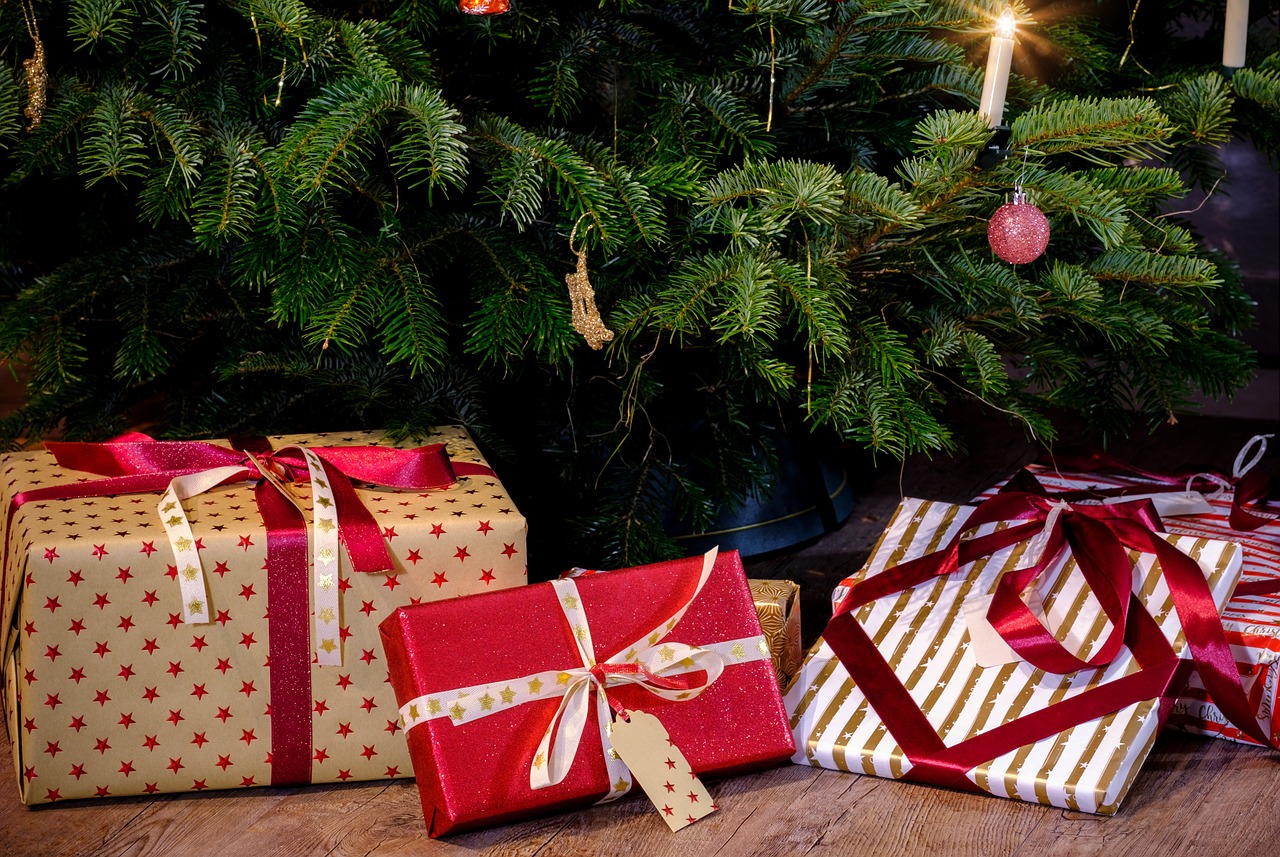 three wrapped presents under a christmas tree, a portrait, by Jakob Gauermann, shutterstock, detailed image, red and golden color details, medium wide shot, 4 k detail