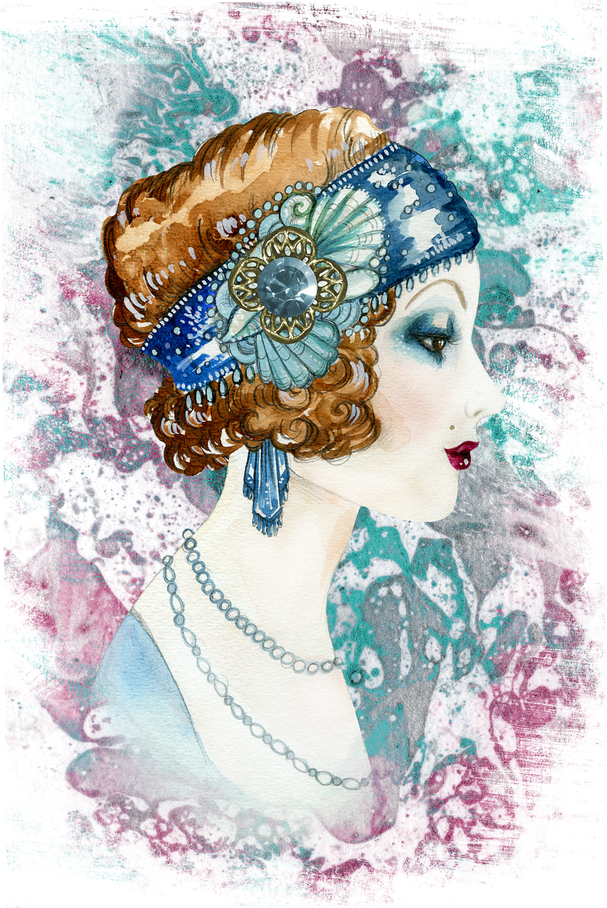 a painting of a woman wearing a headband, an art deco painting, mixed media style illustration, flapper, a beautiful artwork illustration, color vintage