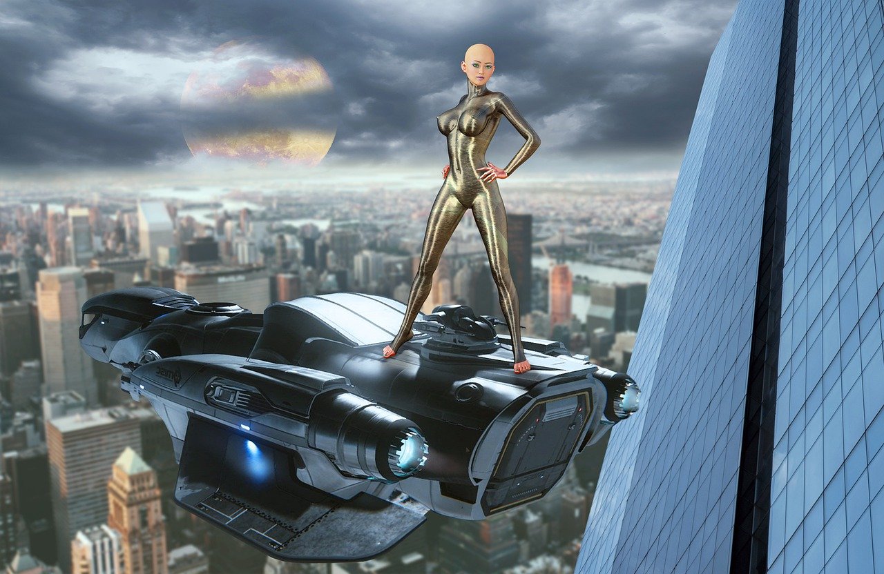 a woman standing on top of a spaceship flying over a city, a detailed matte painting, futurism, on a mannequin. high resolution, the golden humanoid robot, power girl, trinity from the matrix