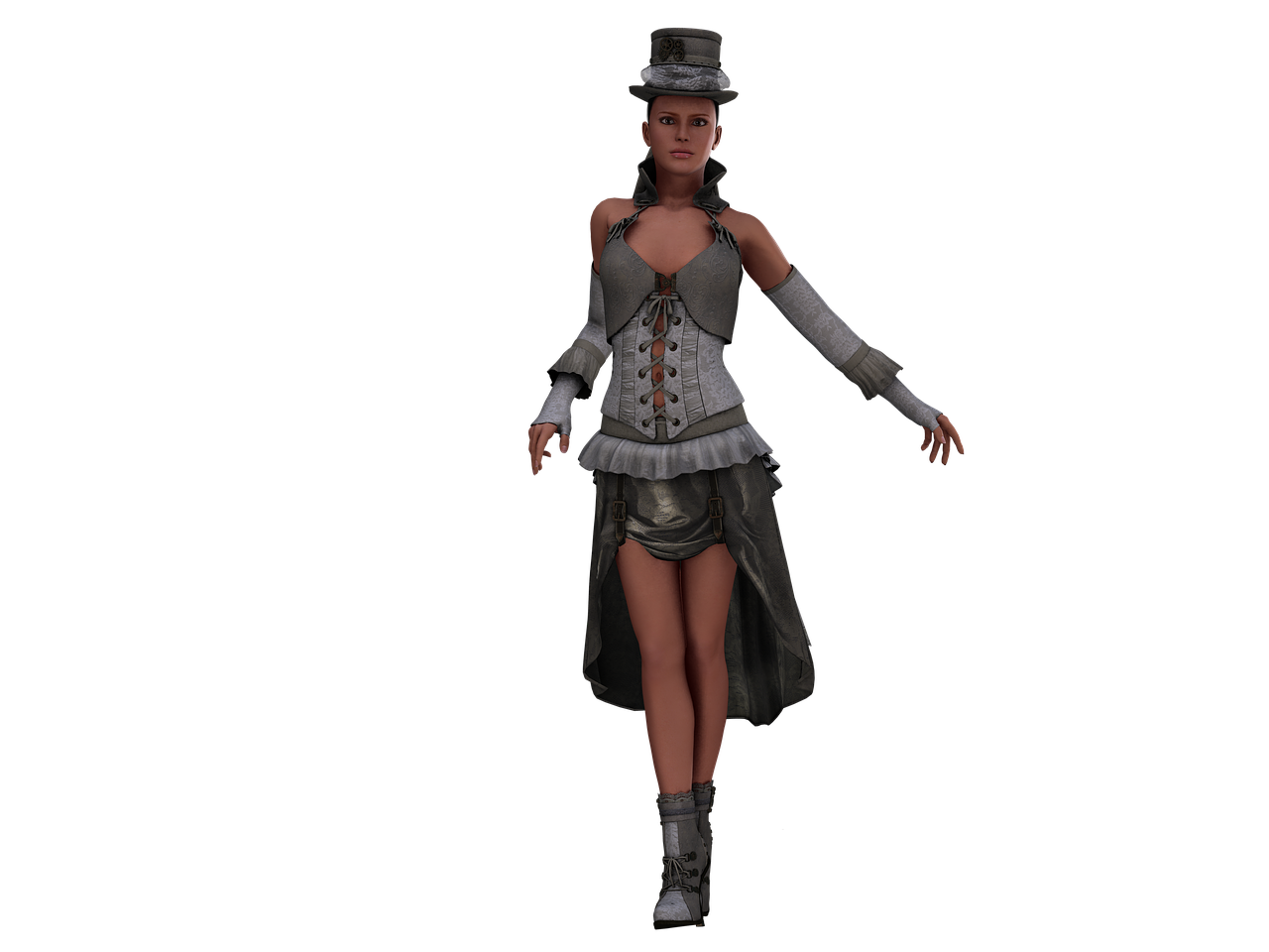 a 3d rendering of a woman in a dress and top hat, inspired by senior character artist, wearing a camisole and boots, metal garments, subsurface scattering skin, character model