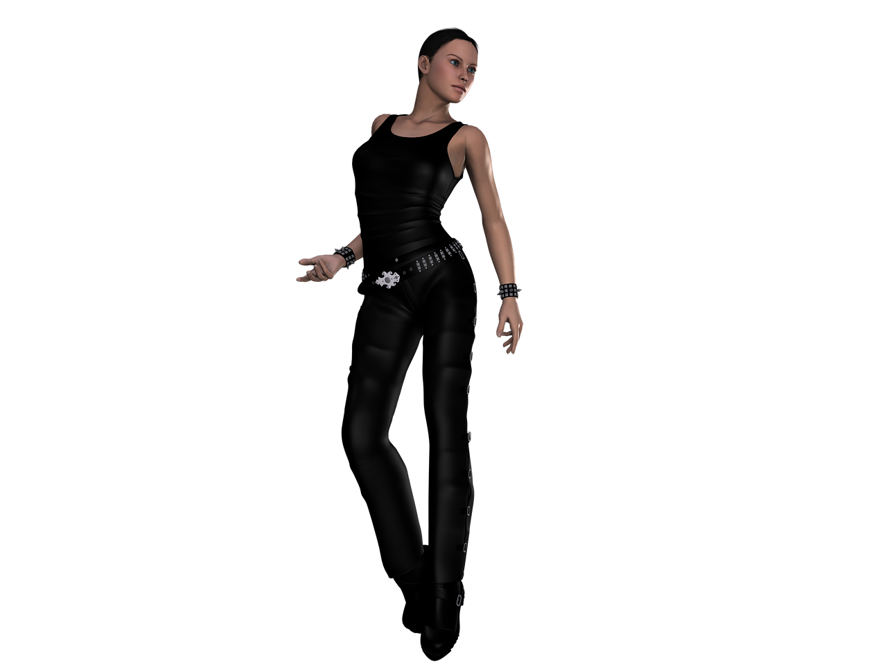 a woman in a black top and leather pants, a 3D render, inspired by Eve Ryder, photo-realistic low lighting, full entire body fun pose, wrapped in black, glamorous tifa lockheart