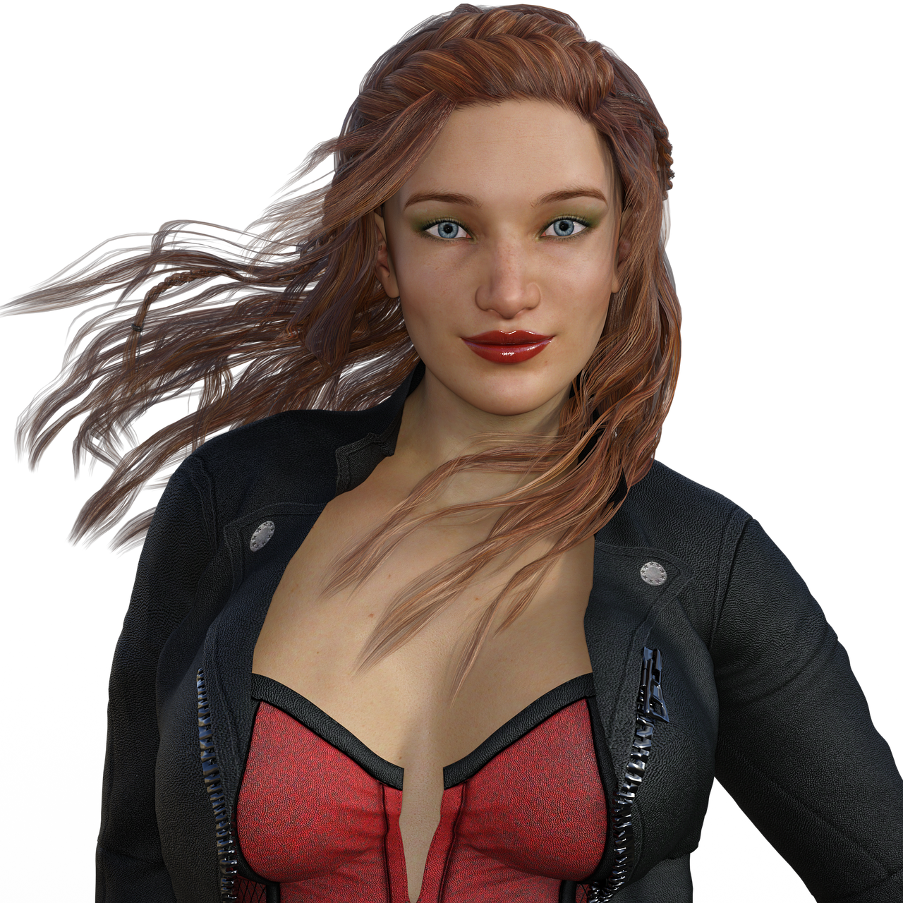 a woman in a red top and black jacket, zbrush central contest winner, dressed in biker leather, maiden with copper hair, 8k octae render photo, sexy face