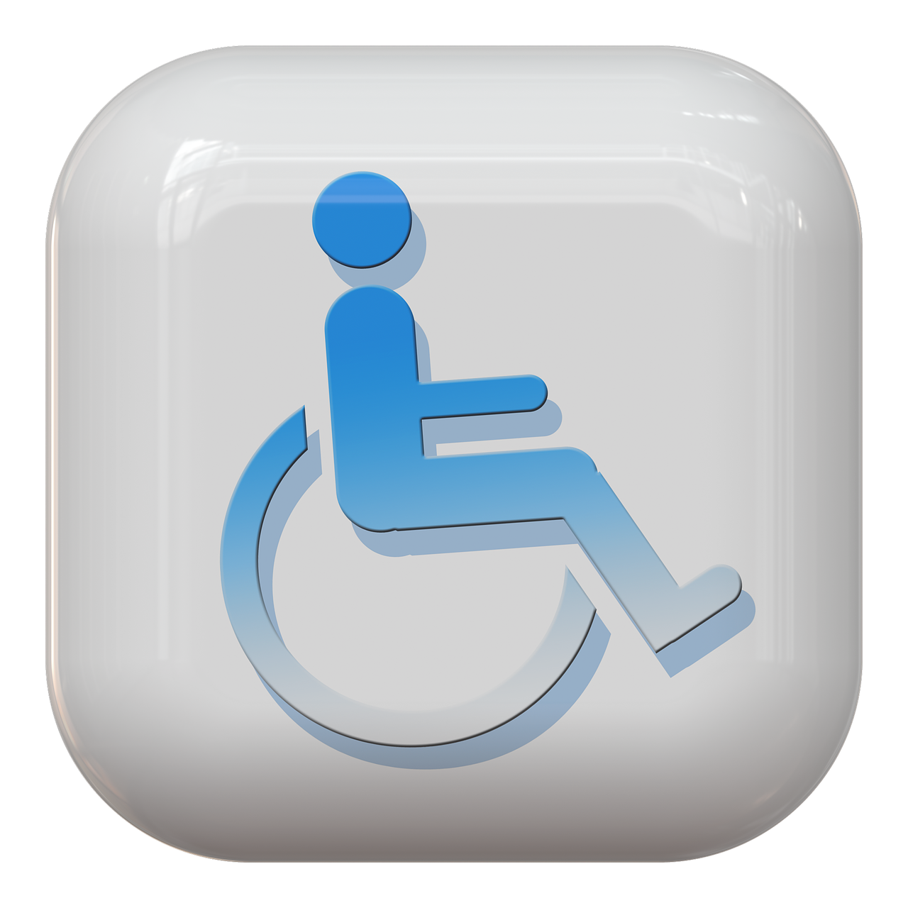 a white button with a blue image of a person in a wheelchair, a digital rendering, by Tom Carapic, pixabay, recessed, bar, 3 dimensional, sign
