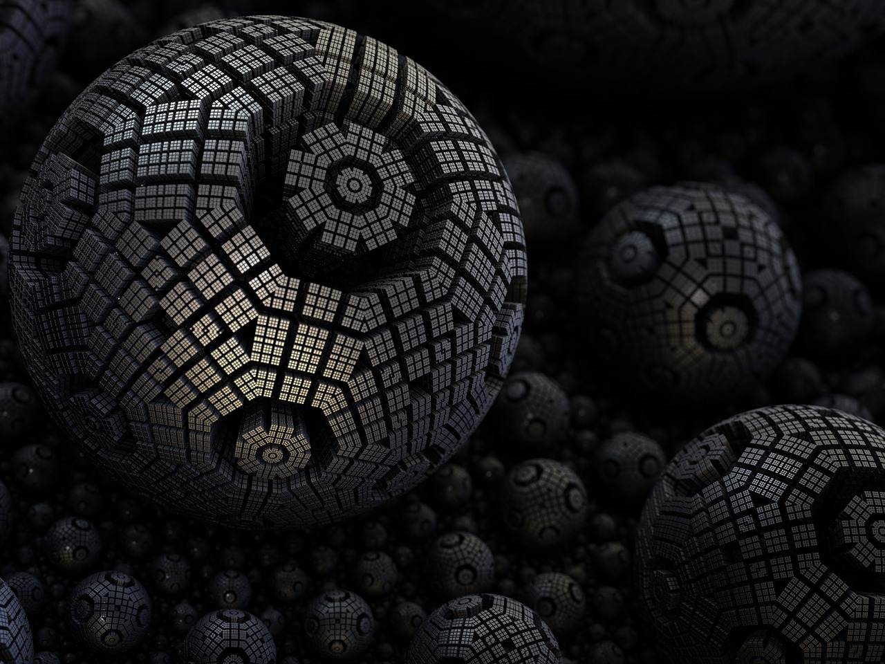 a bunch of balls sitting on top of a pile of black balls, by Artur Tarnowski, deviantart, fractal pattern background, borg cube, deathstar, many small details
