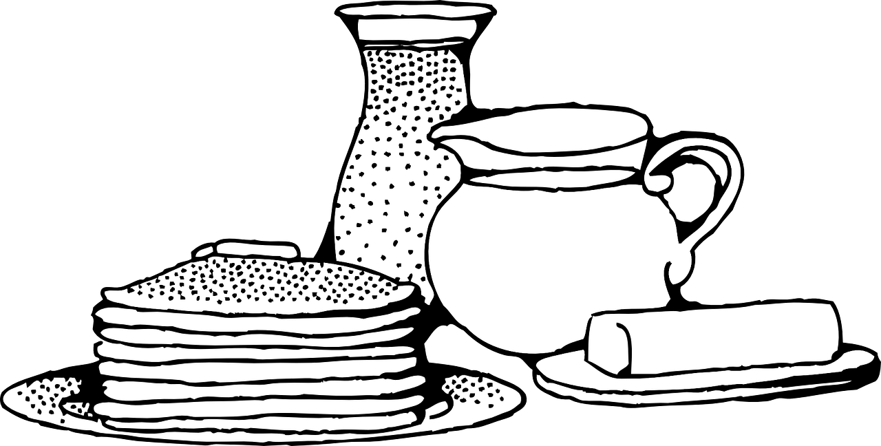 a black and white drawing of bread and a pitcher, pixabay, pancakes, white, a brightly colored, nighttime