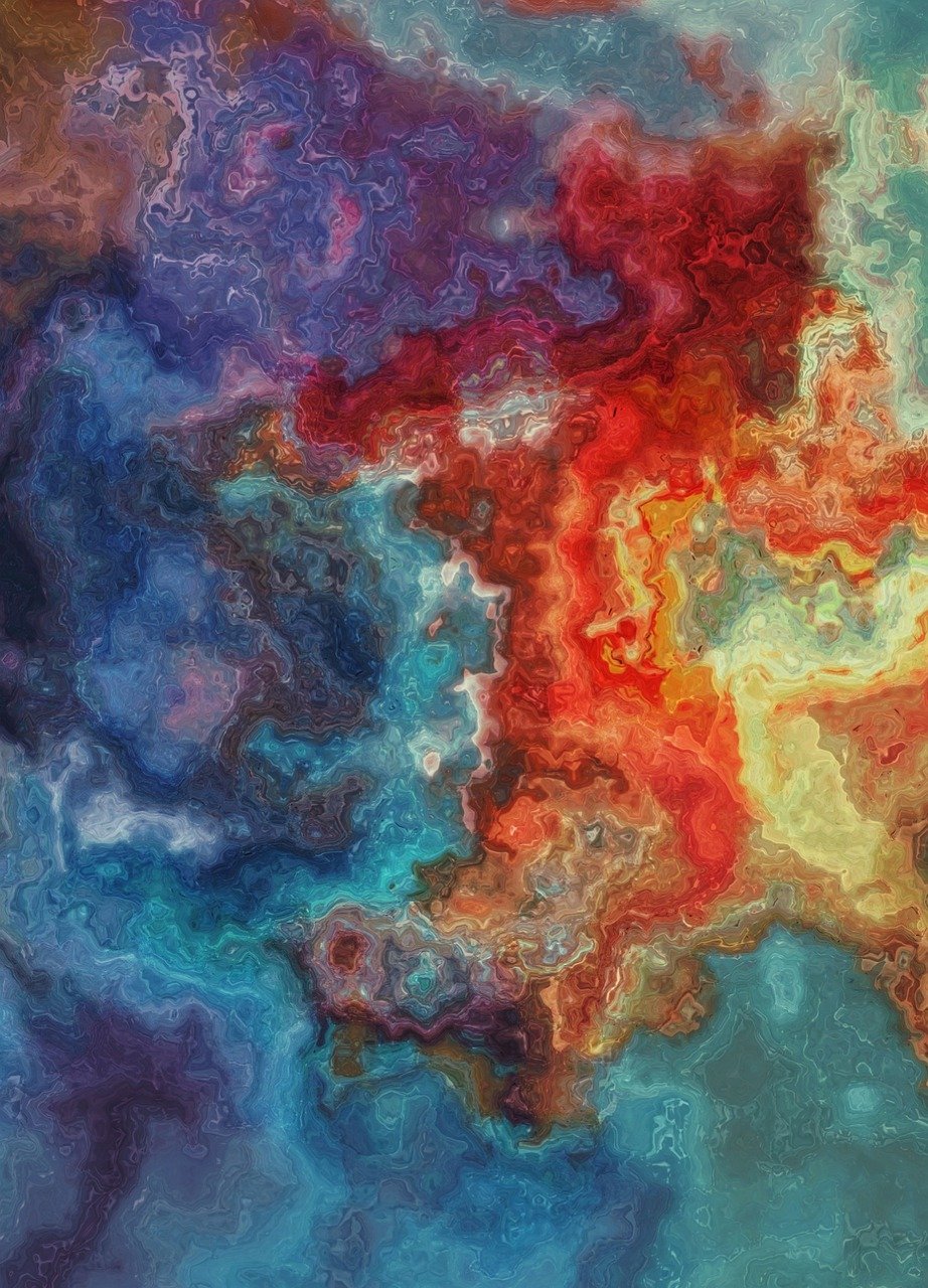 a close up of a painting of different colors, digital art, generative art, fractal cloud, azure and red tones, painted texture maps, trending on deviantarthq”