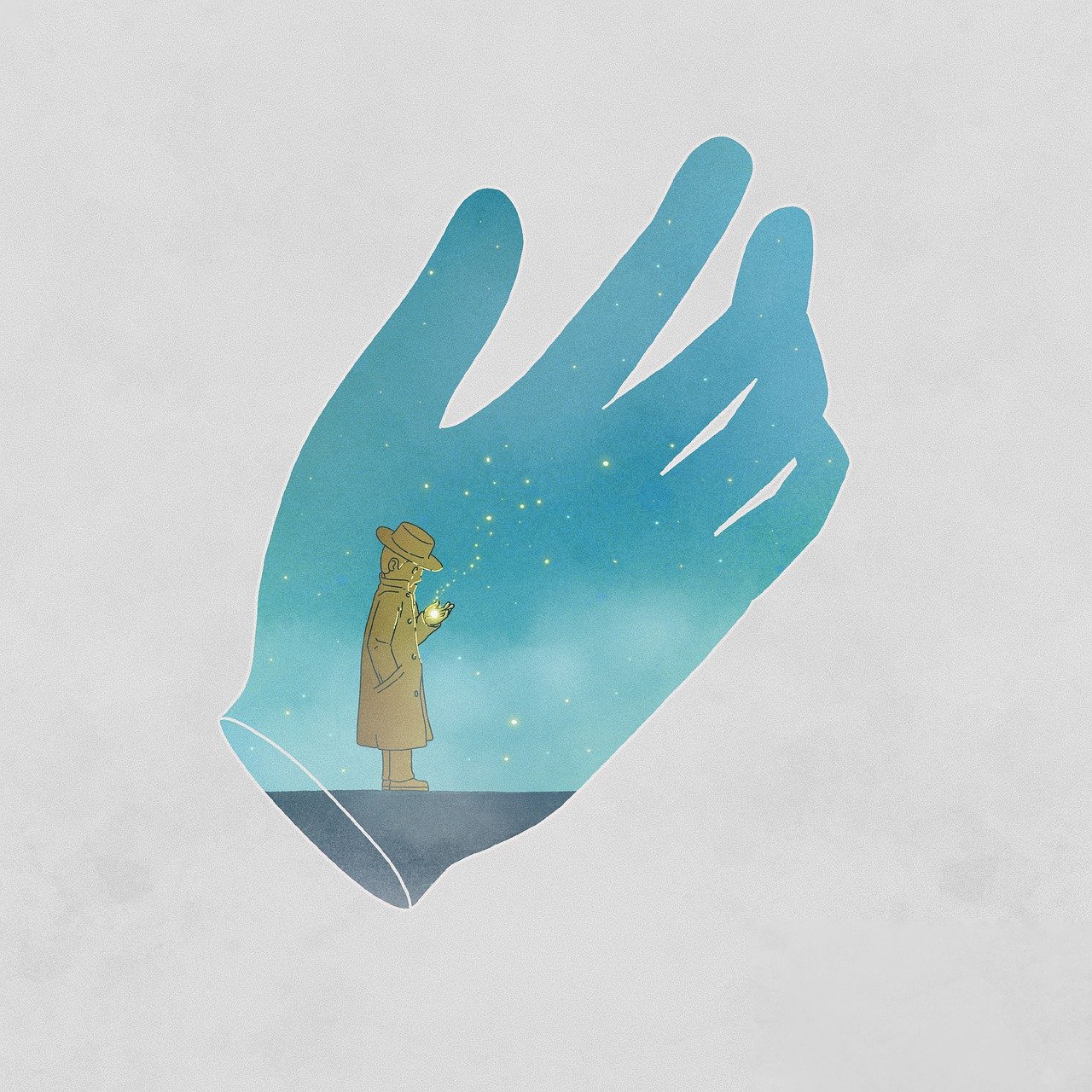 a person that is holding something in their hand, inspired by Jakub Schikaneder, conceptual art, the little prince, hamsa hand, atey ghailan and steve mccurry, without text