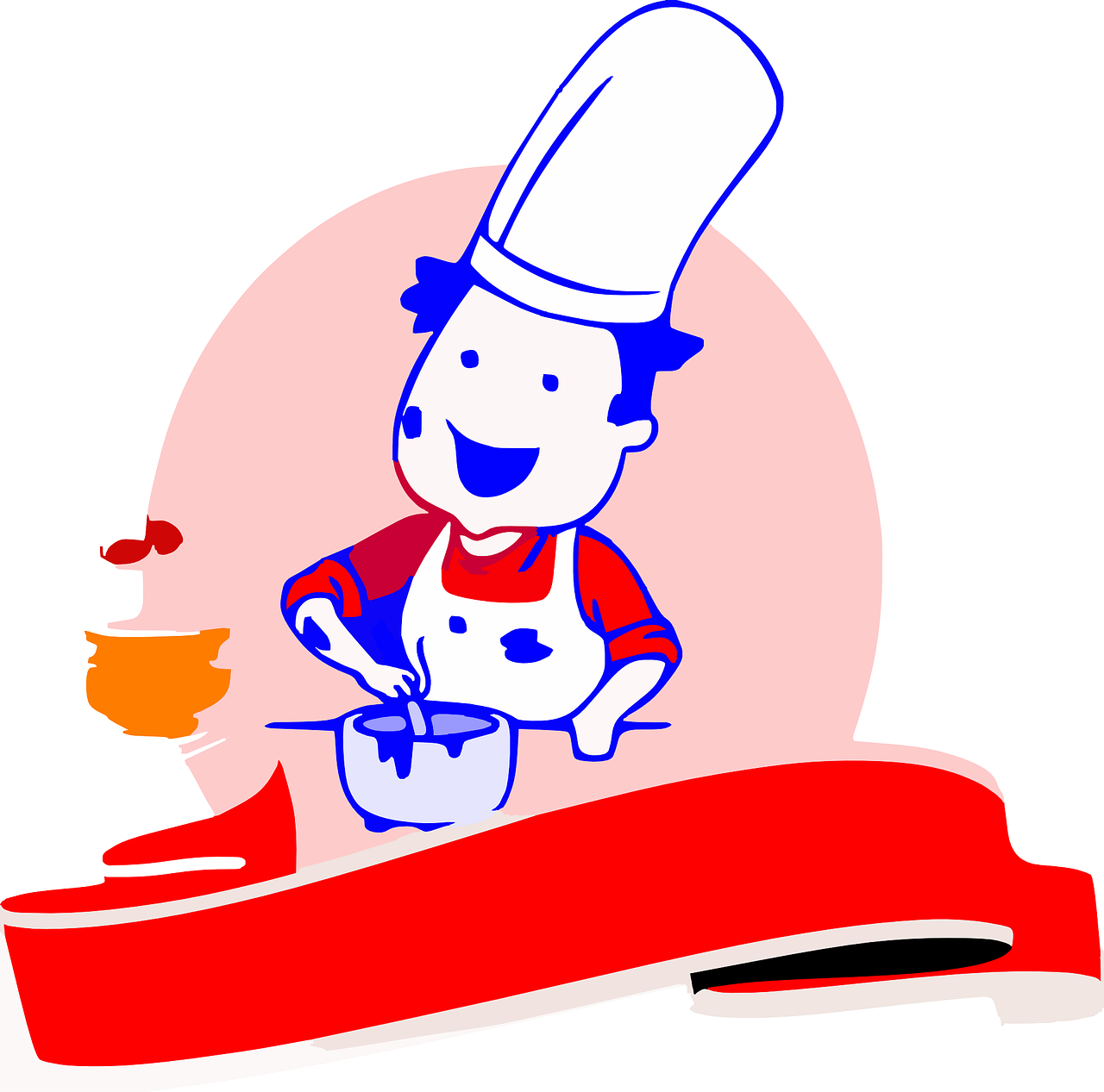 a cartoon chef standing in front of a red ribbon, an illustration of, conceptual art, bowl, red and blue color scheme, children illustration, cooking it up