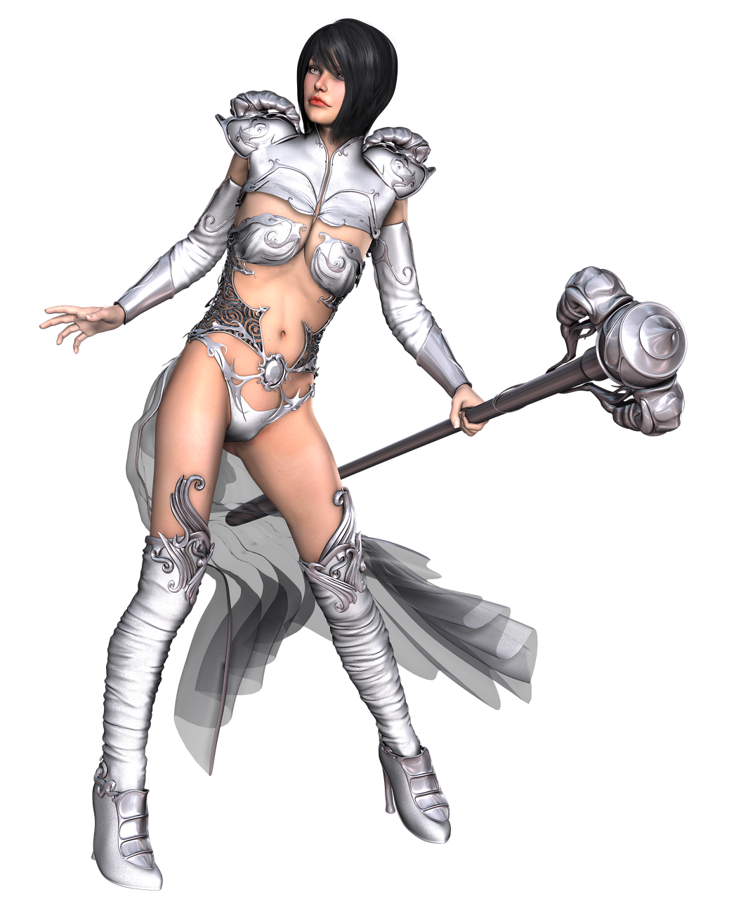 a woman dressed in silver holding a sword, by senior character artist, zbrush central contest winner, fantasy art, 3 d white shiny thick, sorceress woman, bikini armor female knight, black - haired mage