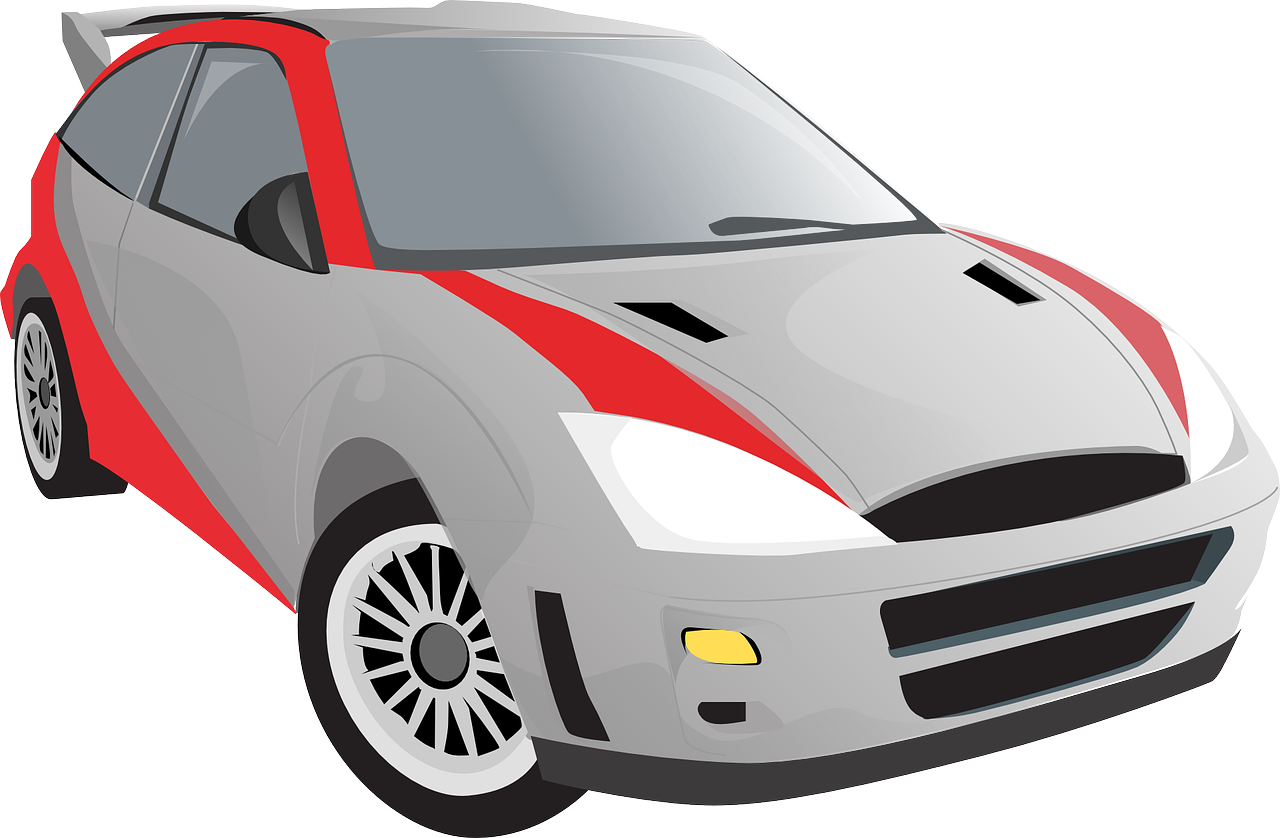 a silver and red car on a white background, a cartoon, pixabay contest winner, renaissance, rally car, with cool headlights, sharp focus vector centered, ford fusion