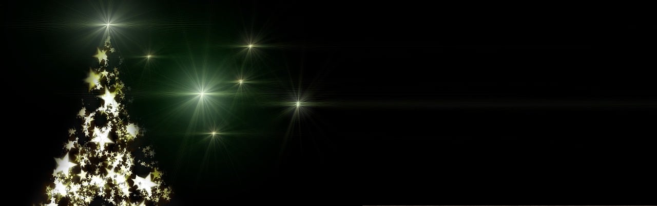 a lighted christmas tree against a black background, by Eugeniusz Zak, deviantart, gradient black green gold, star flares, lense flare, multiple suns