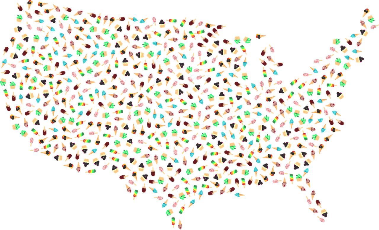 a map of the united states made up of colored confetti confetti confetti confetti confetti confetti, a digital rendering, by Allen Jones, tumblr, ice cream cones, huge ladybug motherships, on black background, anthropomorphic edible piechart