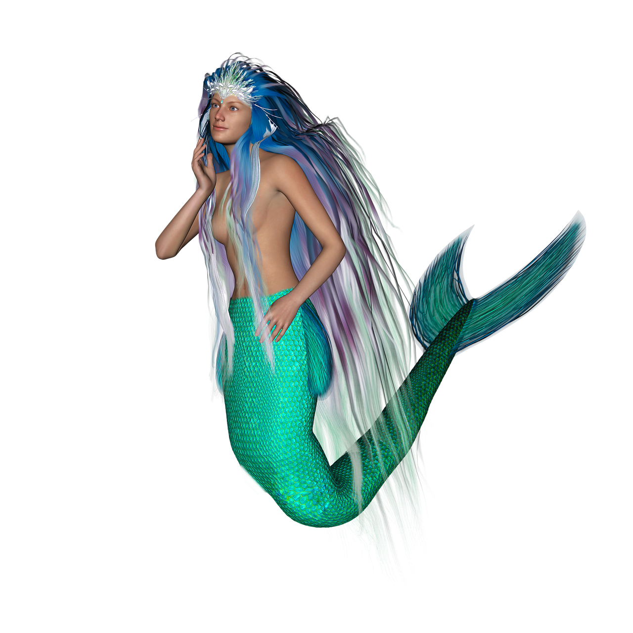 a woman in a mermaid costume talking on a cell phone, a raytraced image, trending on cg society, digital art, on a black background, fiberoptic hair, ultra realistic 3d illustration, fiber optic hair