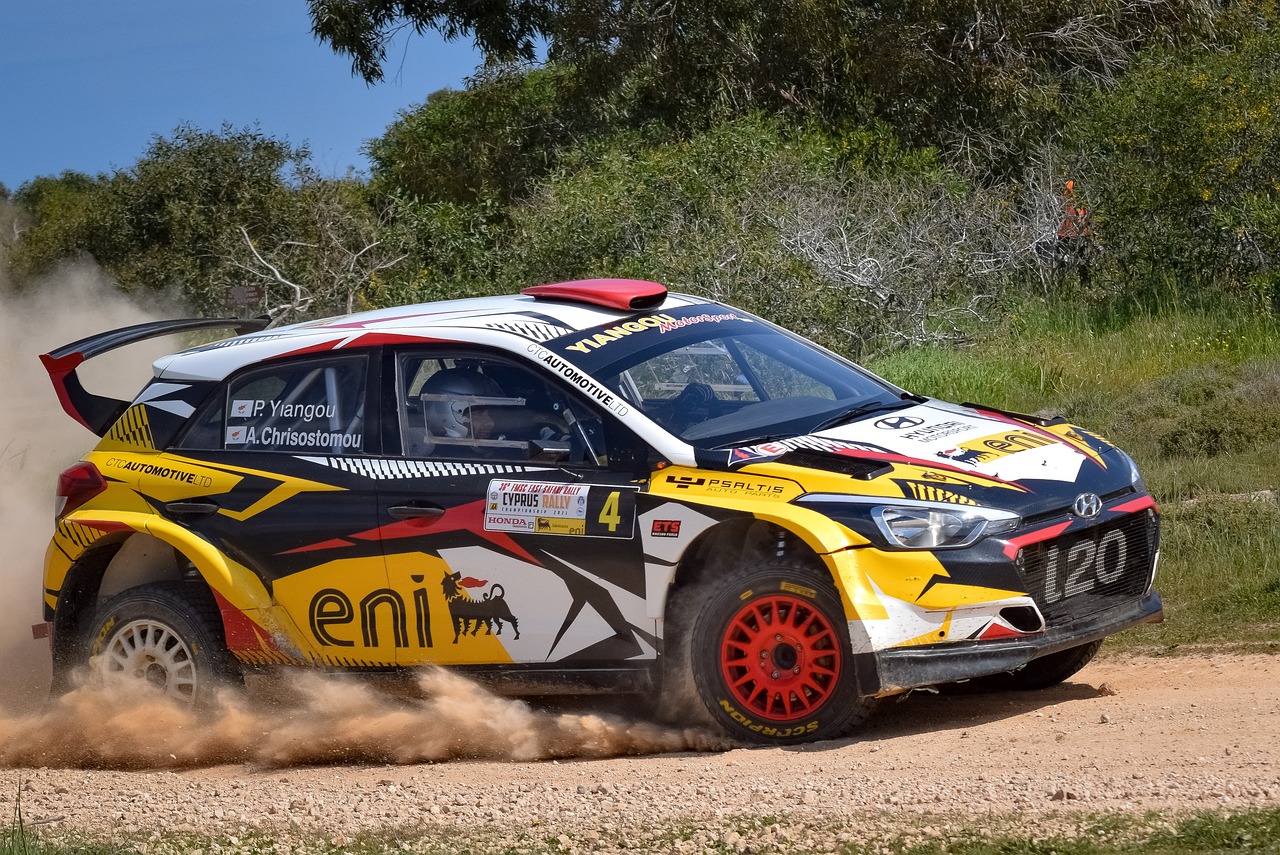 a rally car driving on a dirt road, black and yellow and red scheme, tamborine, background : diego fazio, jinyiwei