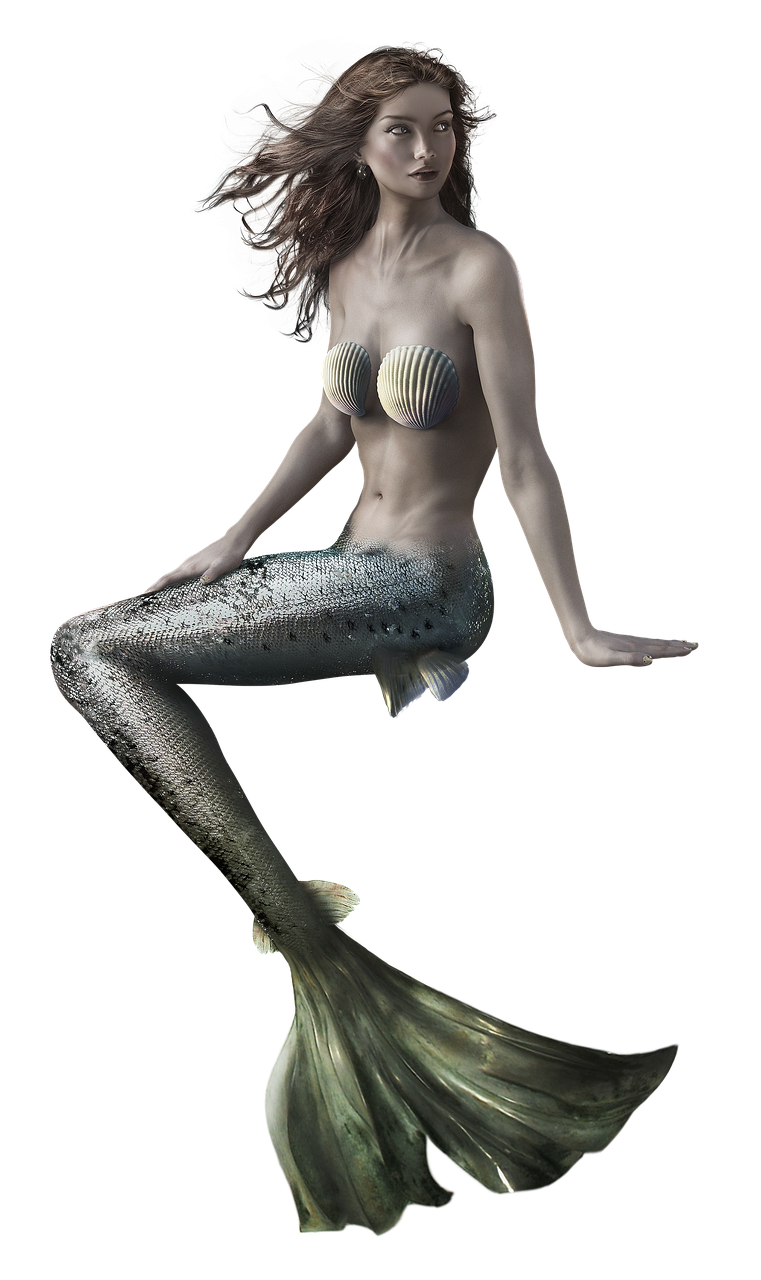 a woman in a bikini sitting on top of a mermaid tail, a raytraced image, by Dave Kendall, fish skin, silver, full body model, [ [ hyperrealistic ] ]