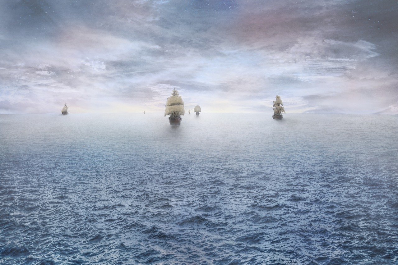 a group of ships floating on top of a body of water, inspired by Ivan Aivazovsky, shutterstock, conceptual art, very wide wide shot, “wide shot, looking towards the horizon, photo render