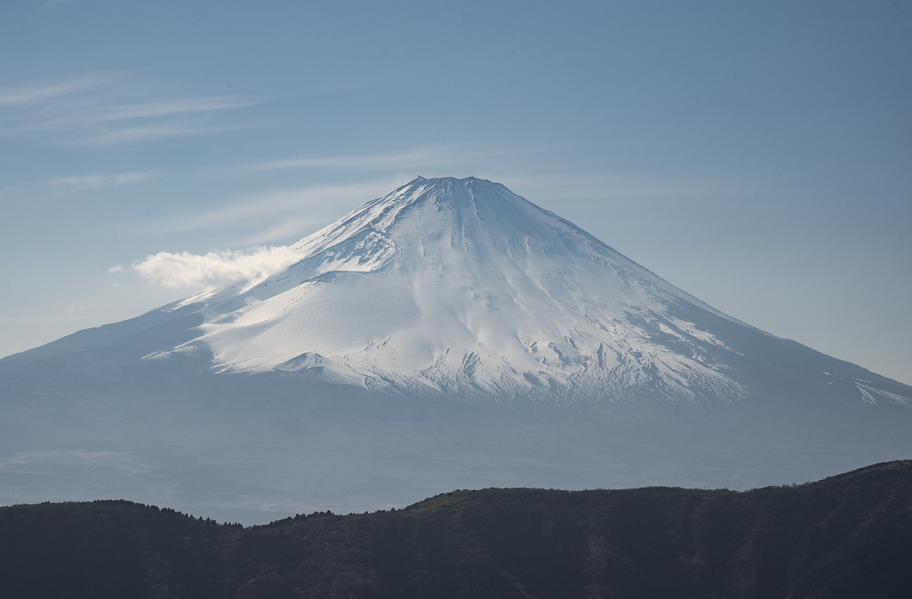 a large mountain covered in snow on a clear day, a picture, shutterstock, sōsaku hanga, telephoto long distance shot, mount doom, view from the side”, akihiko yoshida”