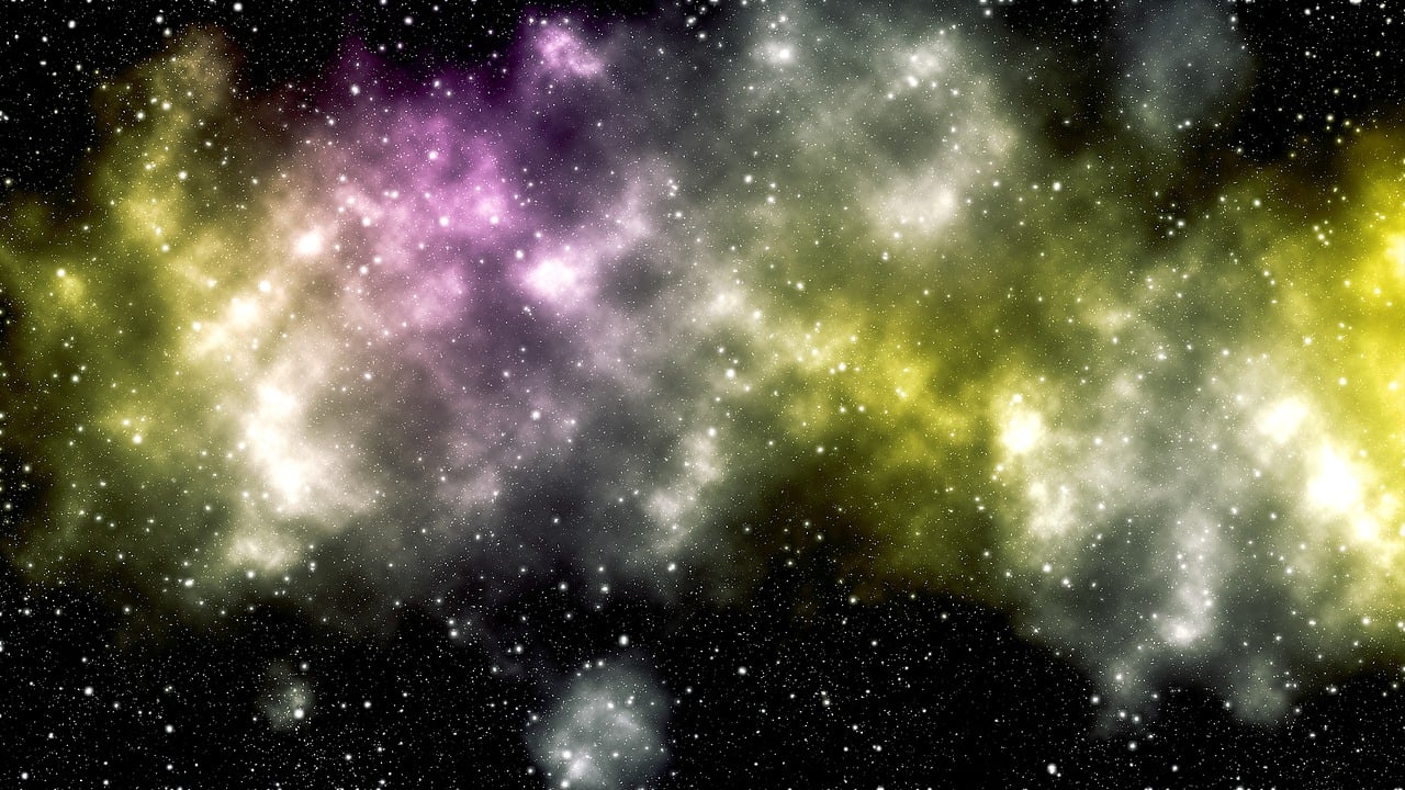 a group of stars that are in the sky, inspired by Lorentz Frölich, flickr, space art, yellow purple green black, ultra dense fog, background ( dark _ smoke ), fantasy background