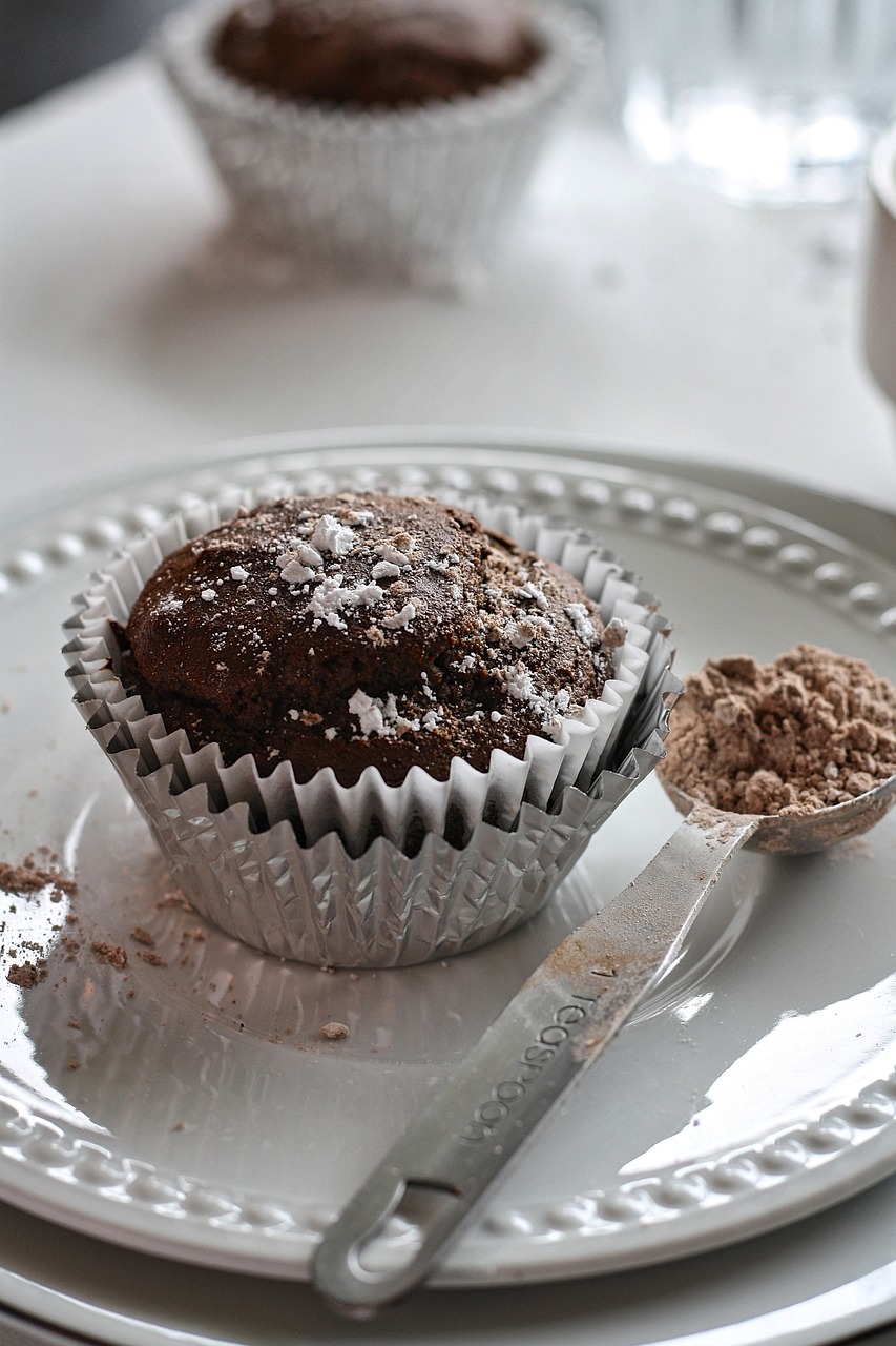 a muffin sitting on top of a white plate, pixabay, brown mud, powder, photograph credit: ap, foodphoto