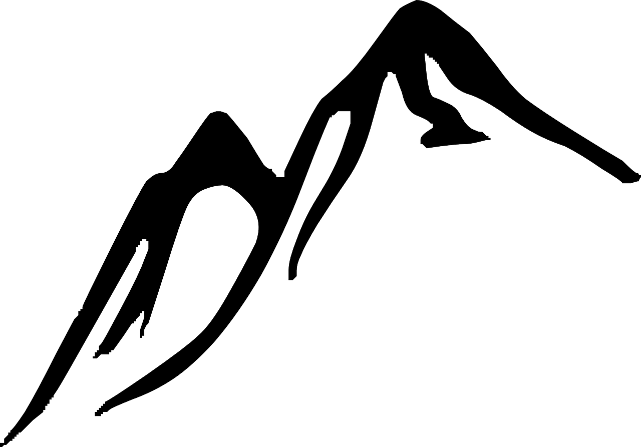 a black and white silhouette of a person on a surfboard, a tattoo, pixabay, figuration libre, mountain range, long claws, abstract logo, computer - generated