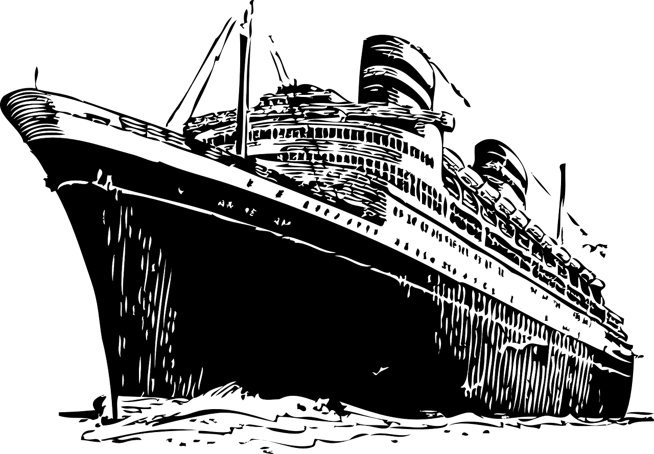 a black and white photo of a large boat, vector art, inspired by Wojciech Siudmak, happening, the titanic is sinking, posterized color, amoled wallpaper, drawn in microsoft paint