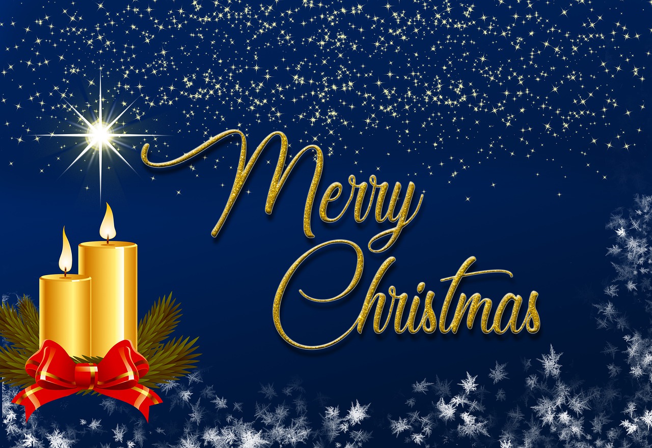 a christmas card with a lit candle surrounded by snowflakes, a picture, pixabay, colors with gold and dark blue, merry, group photo, 4k high res