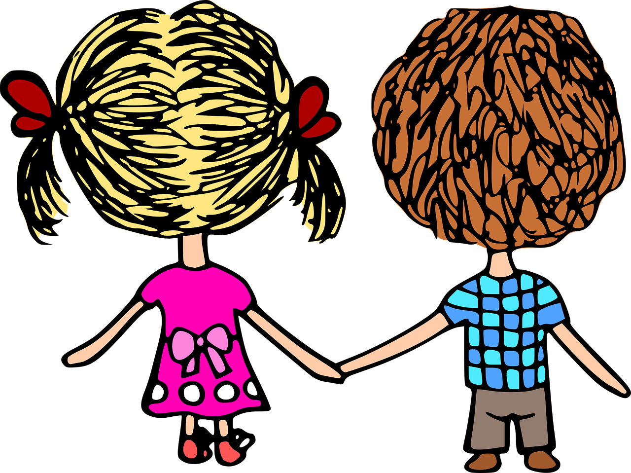 a drawing of two children holding hands, by Nándor Katona, trending on pixabay, naive art, hair fanned around, with a black background, cartoon style illustration, colored photo