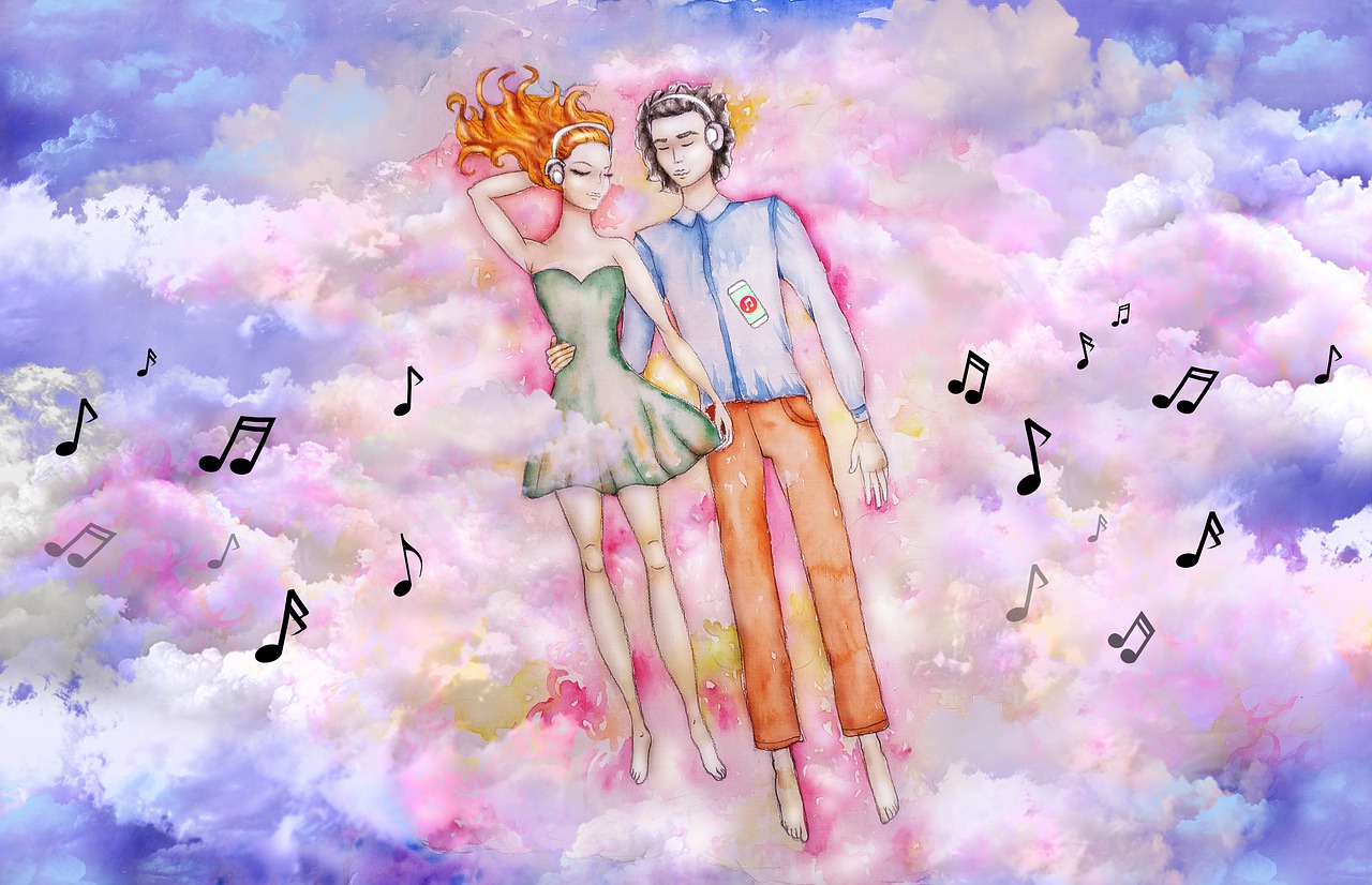 a painting of two people standing next to each other, a storybook illustration, by Yanagawa Nobusada, romanticism, lie on white clouds fairyland, jamming to music, [ digital art ]!!, sleep with love