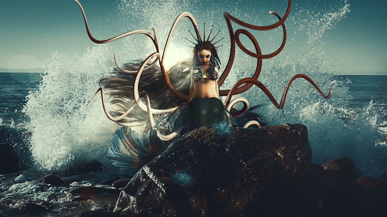 a woman sitting on top of a rock next to the ocean, digital art, deviantart contest winner, ornate tentacles growing around, the goddess hera looking angry, underwater photography, best on adobe stock
