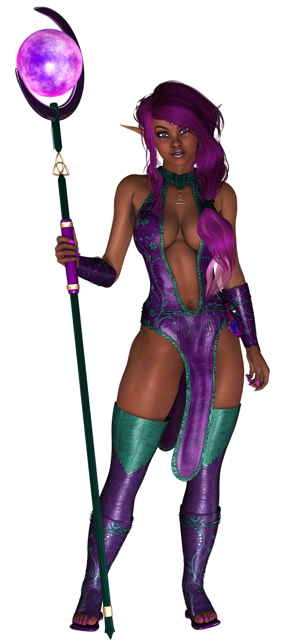 a woman in a purple and green outfit holding a wand, inspired by Daphne Allen, zbrush central contest winner, lascivious pose, wakanda, maya ali as a cyber sorceress, mk ninja