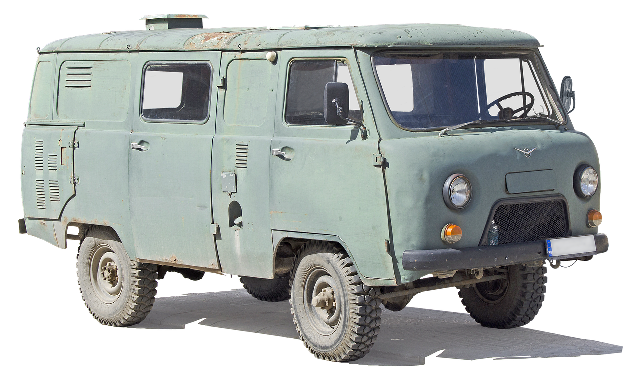 an old green van parked on the side of the road, inspired by Slava Raškaj, mingei, military carrier rig, reference images ( front, 1 9 6 4, grey metal body