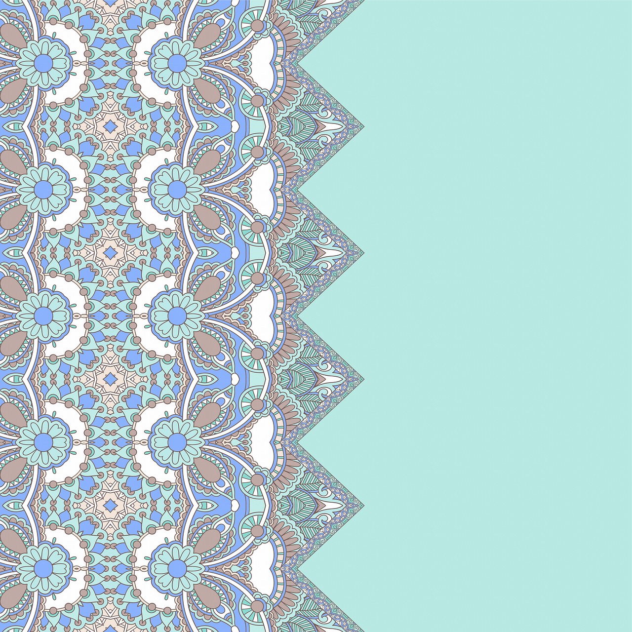 a close up of a pattern on a blue background, arabesque, pastel colours overlap, intricate border, peppermint motif, add a glow around subj. edge