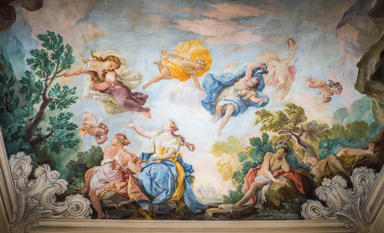 a painting on the ceiling of a building, shutterstock, rococo, female ascending, hystorical painting, chalk, vibrant shading