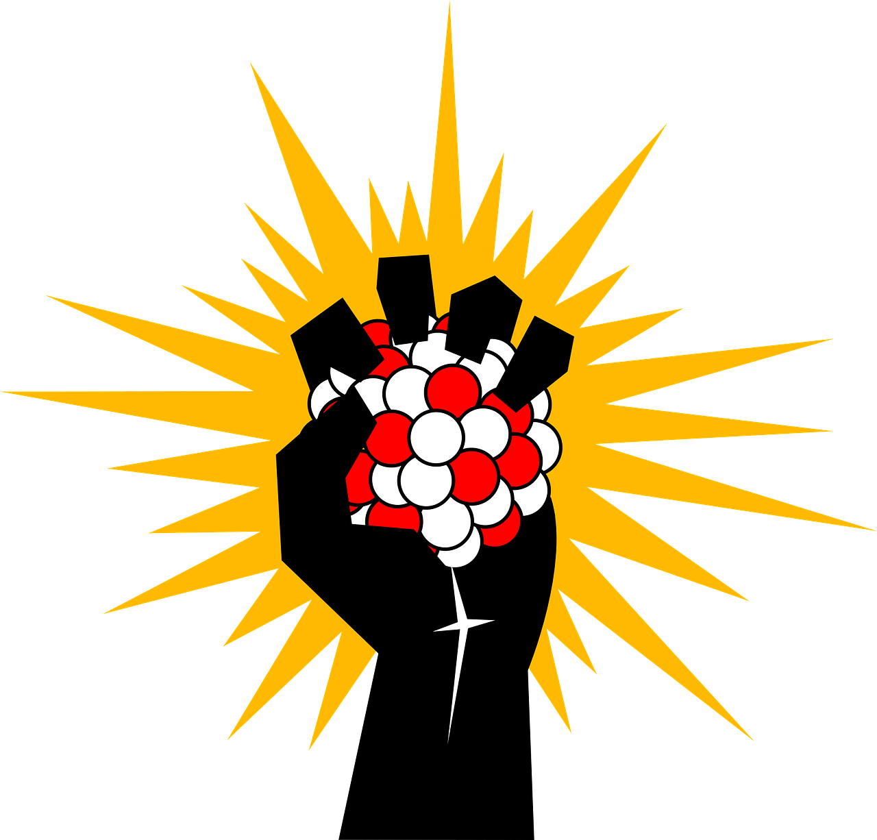 a hand holding a bunch of red and white balls, inspired by Irvin Bomb, nuclear art, propaganda logo, black and yellow and red scheme, powers, emblem