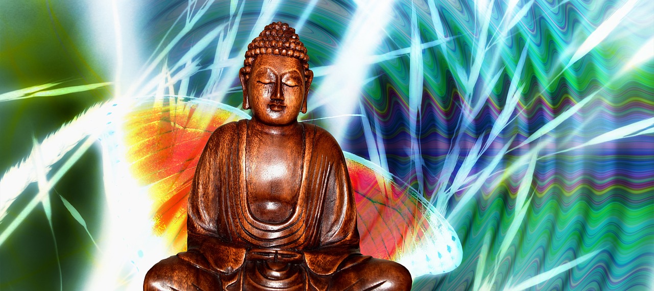 a statue of a person sitting in a lotus position, a digital rendering, inspired by Kaigetsudō Anchi, psychedelic art, a wooden, it is emitting a bright, buddha, wallpaper - 1 0 2 4
