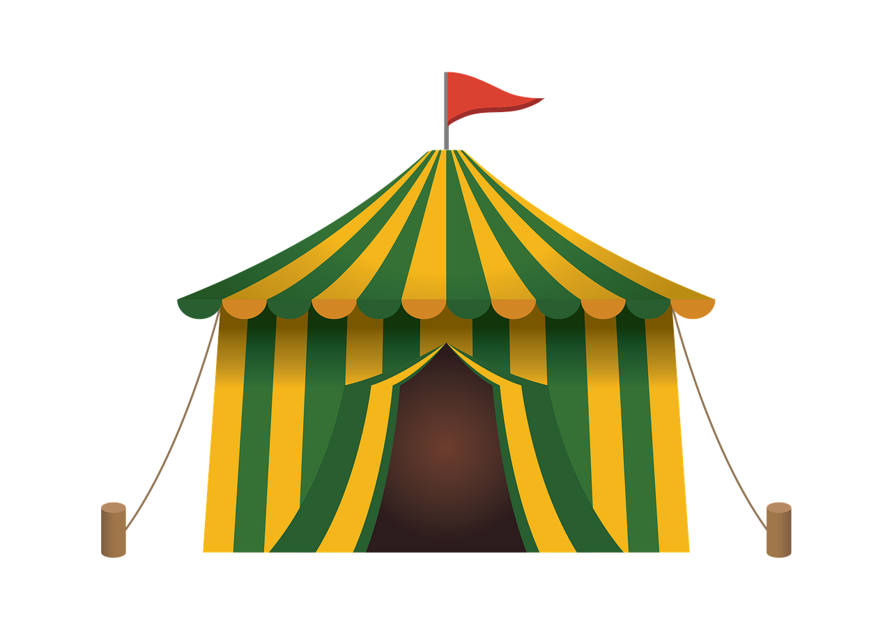 a tent with a flag on top of it, inspired by The Family Circus, renaissance, on a flat color black background, green and gold, clown, rounded roof