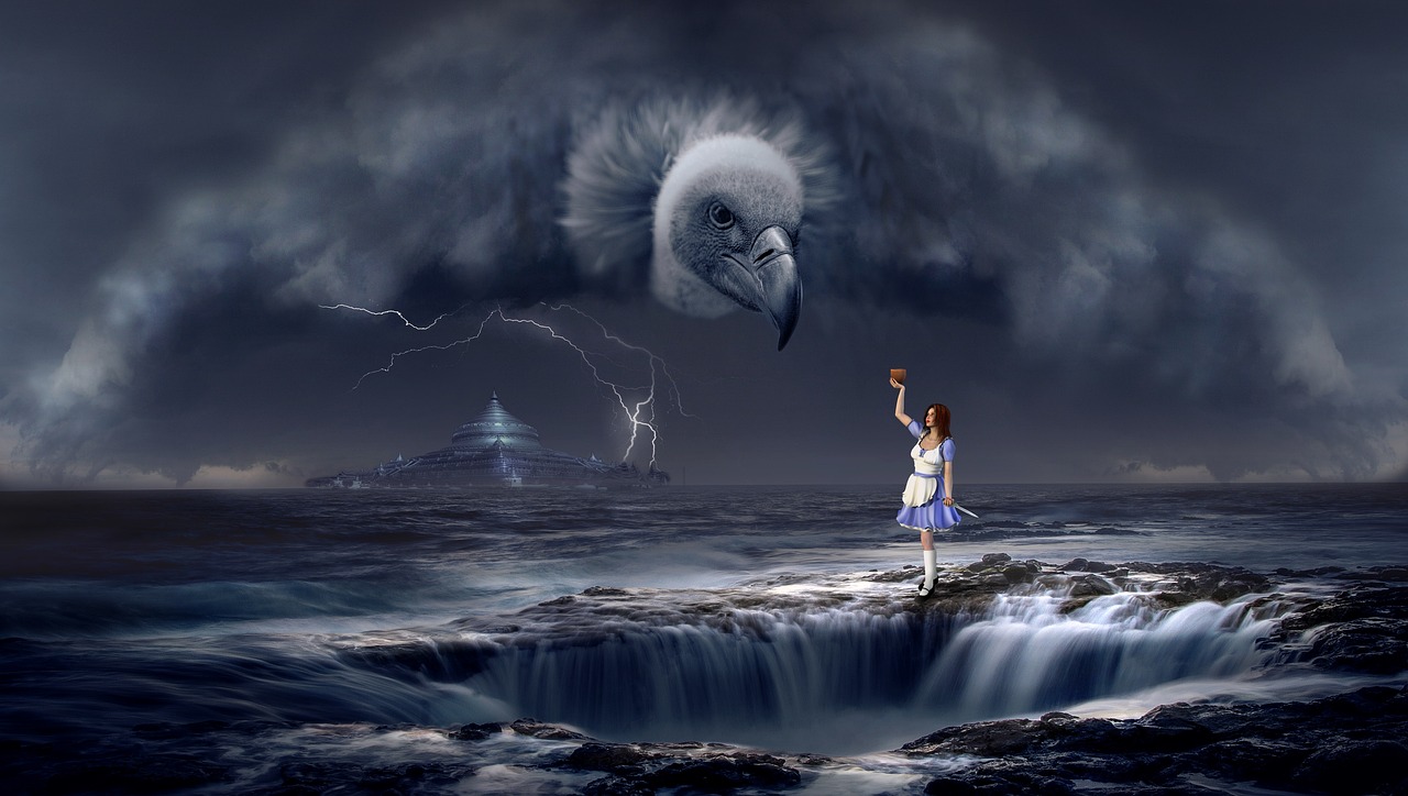 a woman standing on top of a rock next to a waterfall, inspired by Arnold Böcklin, pixabay contest winner, fantasy art, ravens stormy sky of foreboding, a surrealistic bird, the sea and storms behind him, little girl with magical powers