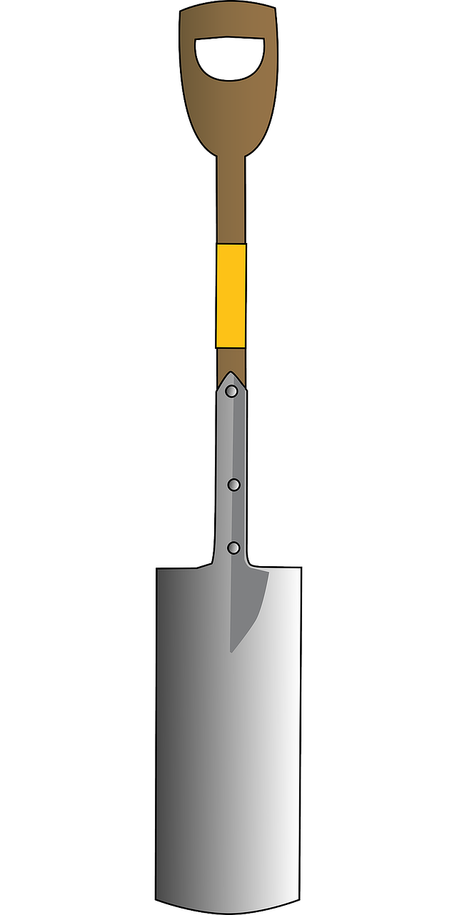 a shovel with a wooden handle, concept art, pixabay, conceptual art, grey metal body, created in adobe illustrator, yellow broad sword, t - 8 0 0