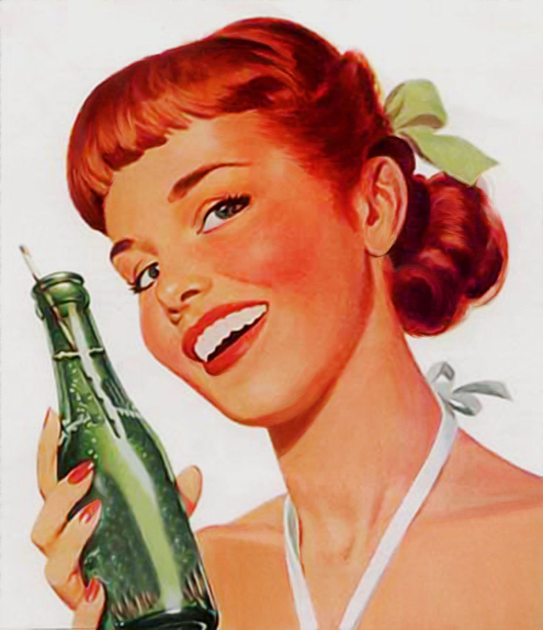 a woman holding a bottle of coca cola, an illustration of, by Roy Dalgarno, tumblr, with red hair and green eyes, smile 1950s, no long neck, digital rendering