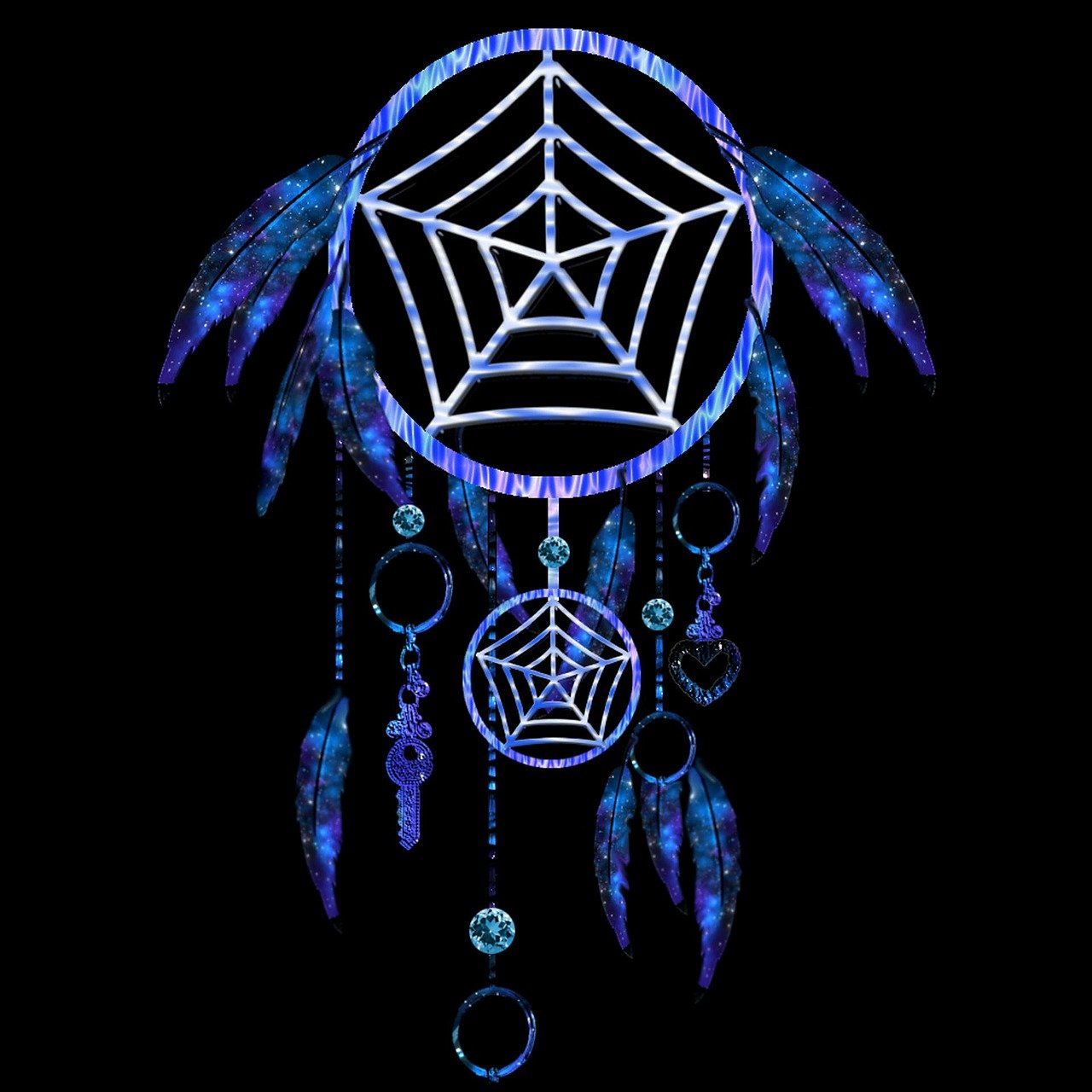 a close up of a dream catcher on a black background, a digital rendering, by Leticia Gillett, net art, t-shirt design, blue colored, spider, large blue diamonds