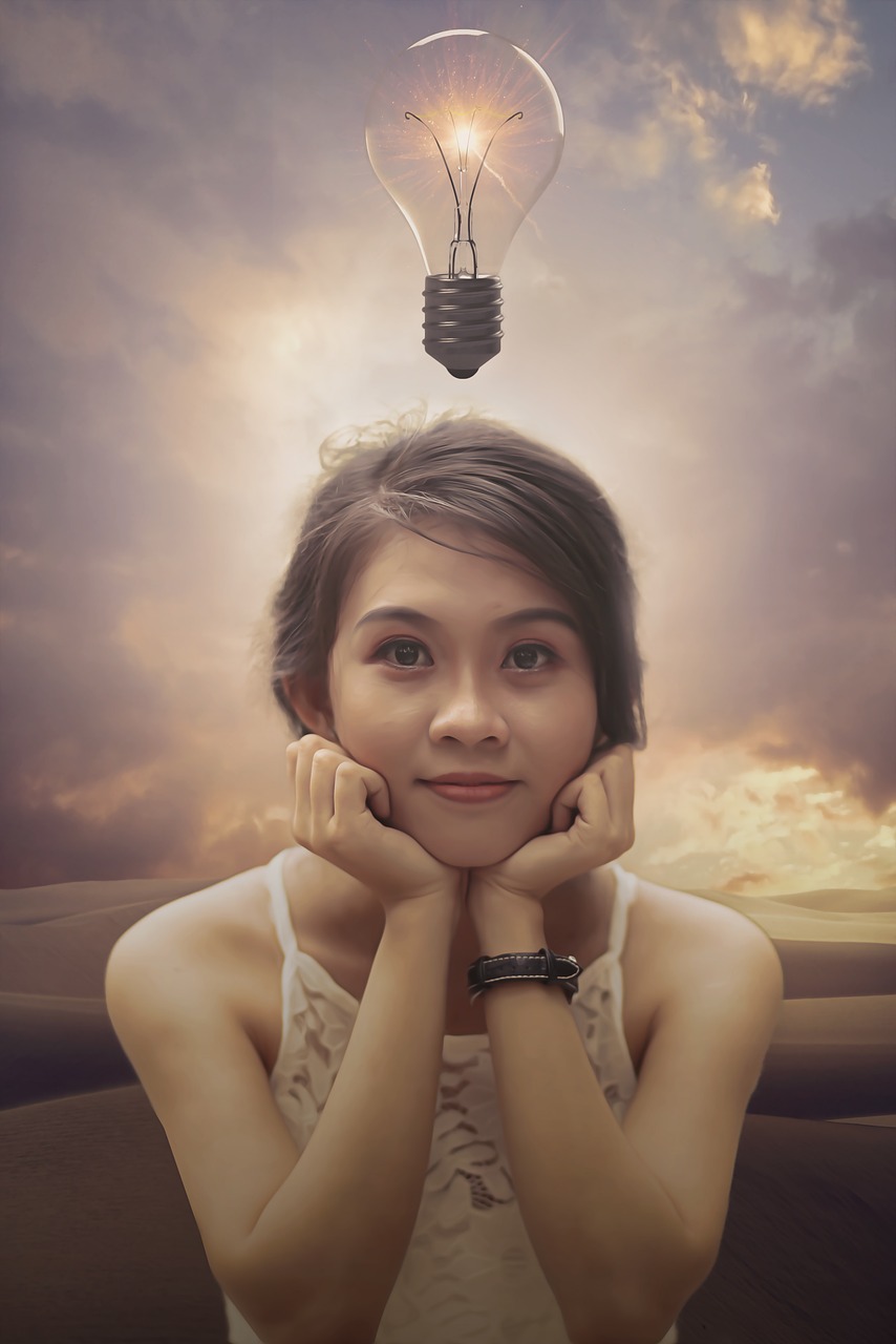 a woman with a light bulb above her head, a picture, inspired by Rudy Siswanto, photorealistic artstyle, golden hour lighing, lowres, photoshopped