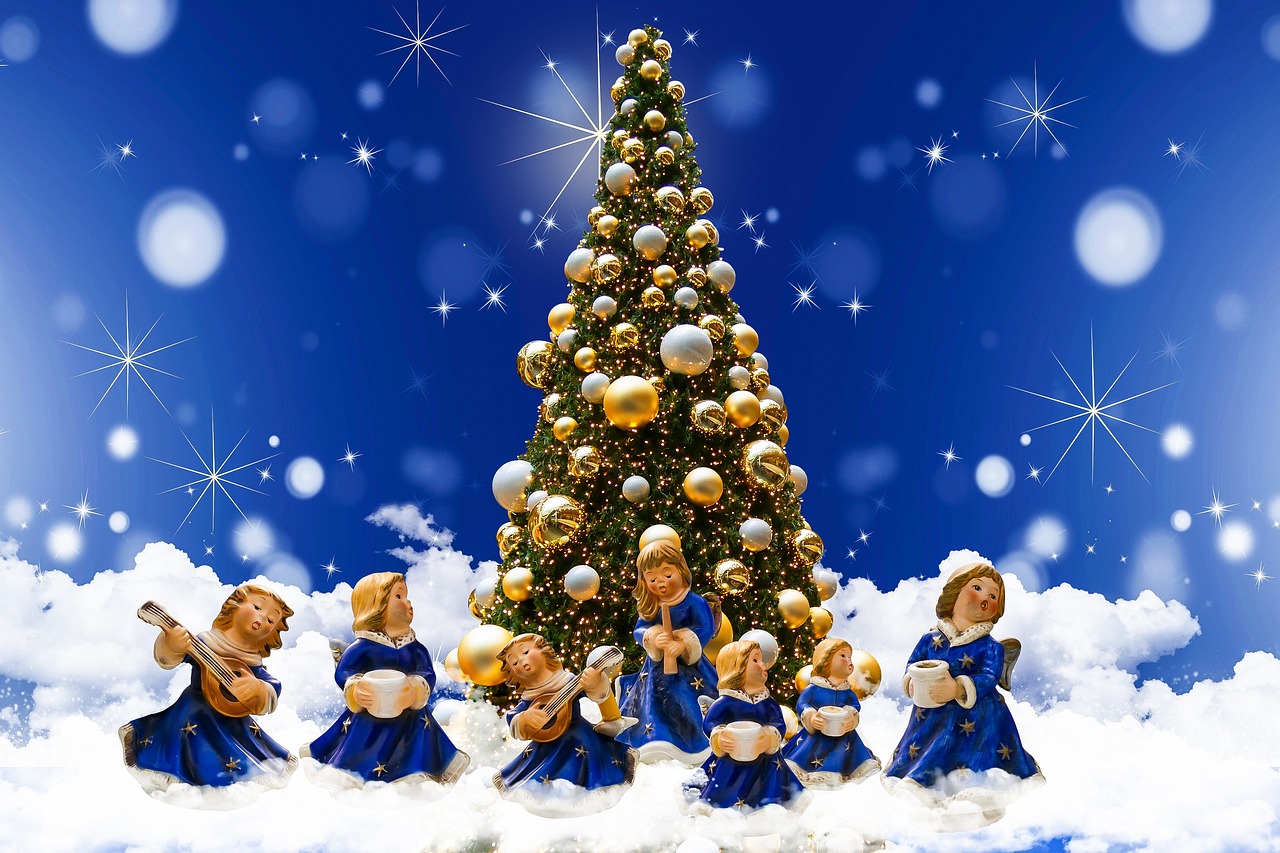 a group of figurines in front of a christmas tree, a picture, by Krzysztof Boguszewski, blue and gold, amazing wallpaper, choir, 4k high res