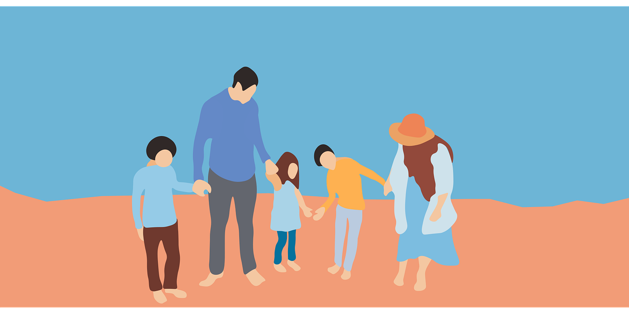 a group of people standing on top of a sandy beach, a digital rendering, inspired by Oswaldo Viteri, shutterstock, families playing, with a blue background, color vector, lonely family