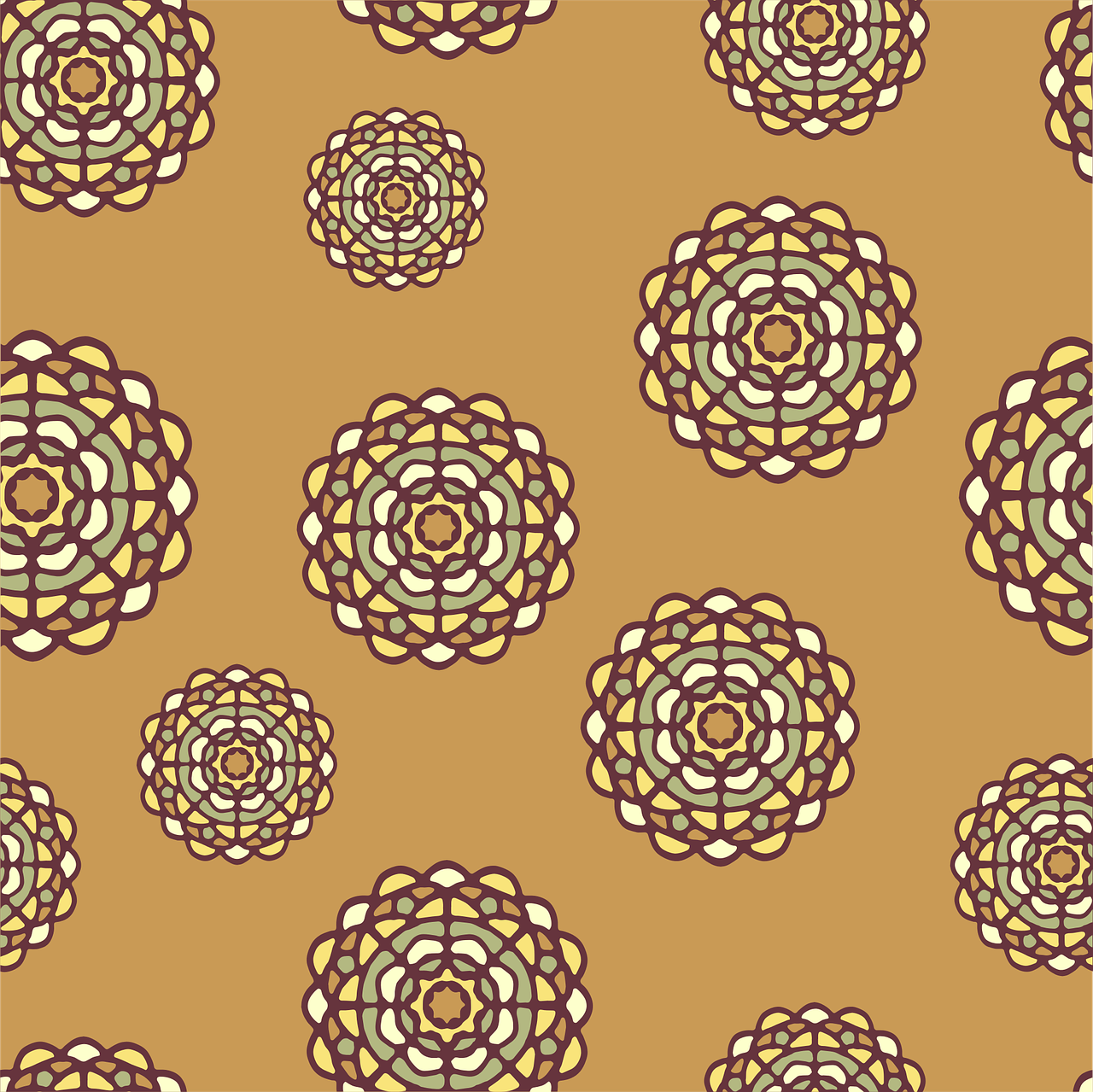 a pattern of flowers on a brown background, a digital rendering, inspired by Francis Focer Brown, art nouveau, many floating spheres, some sandy yellow pillows, gaudi style”, concentric circles