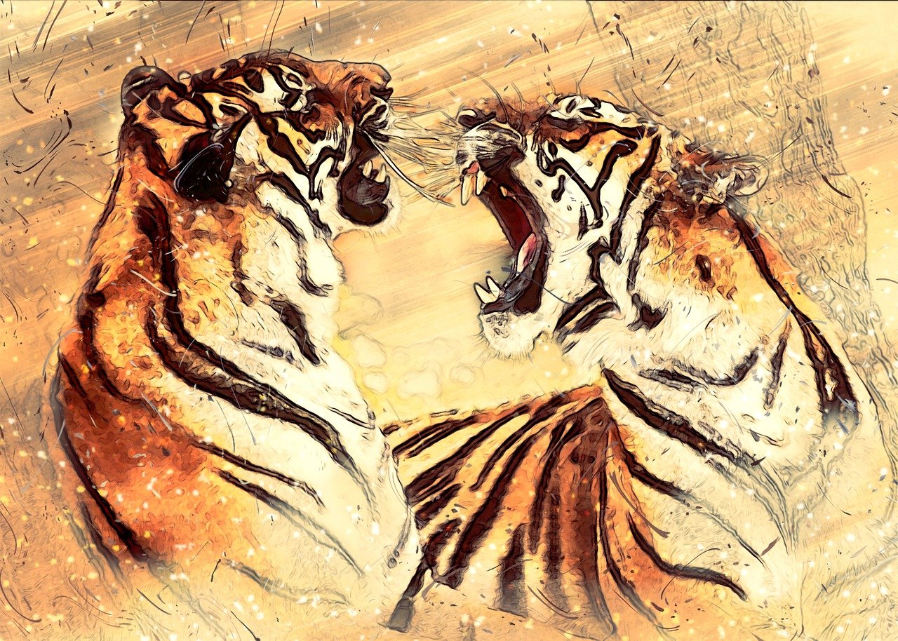 a couple of tigers standing next to each other, by Micha Klein, shutterstock, art deco, facing off in a duel, beautiful brush stroke rendering, 000 battle, kiss