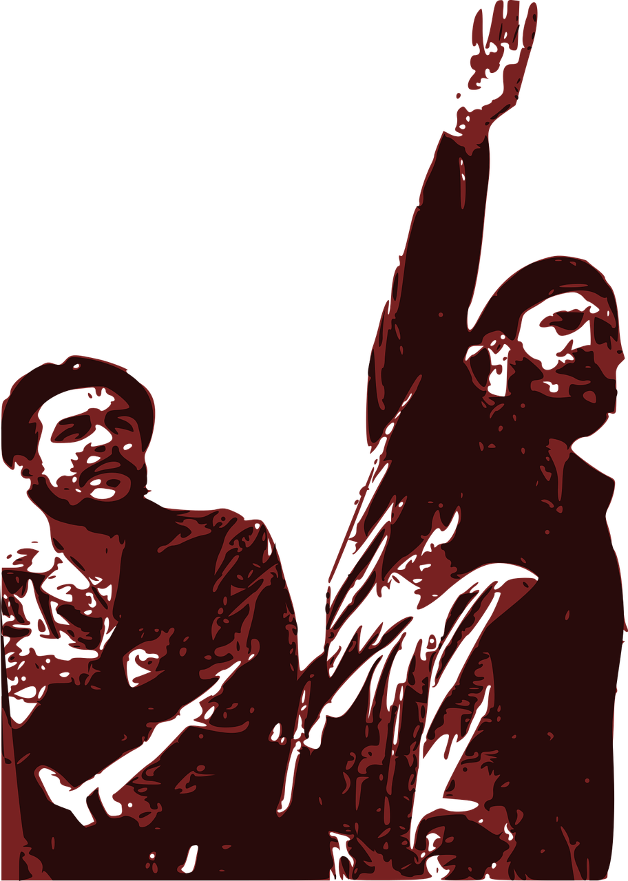 a couple of men standing next to each other, vector art, by Mustafa Rakim, sots art, arms held high in triumph, che guevara, posterized, detail