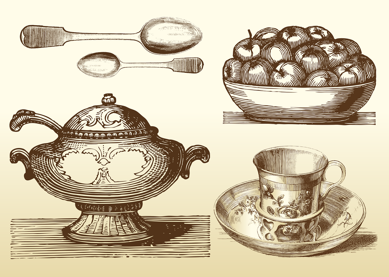 a drawing of a bowl of apples and spoons, a still life, shutterstock, baroque, moroccan tea set, vintage old, lot of details, four