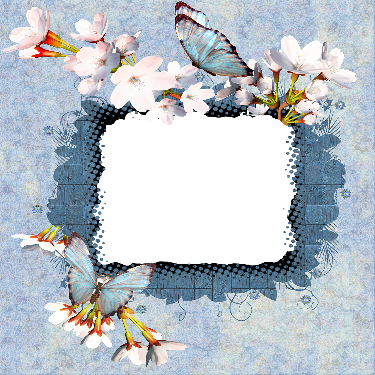 a picture frame with flowers and a butterfly, a picture, cyan photographic backdrop, cherry blossom background, high details photo